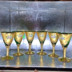 6 Venetian style drinking glasses w applied enamel flowers & Gilt embellishments